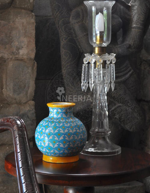 White Leaves and Yellow Dots with Turquoise Color Table Lamp (Without Lampshade)